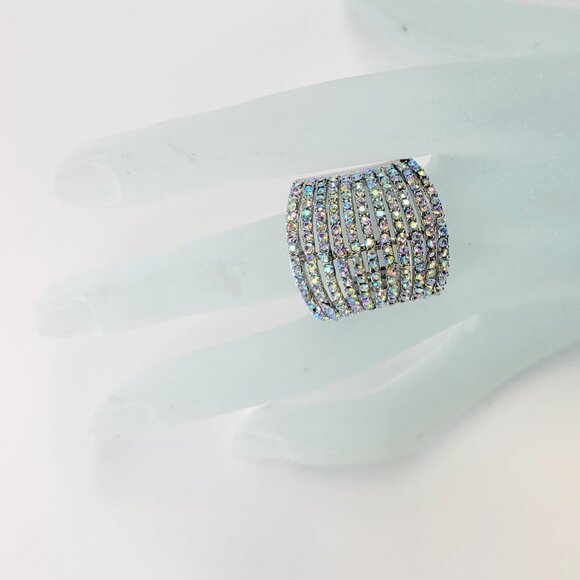 Rhinestone Ring Stretch Adjustable Ring with Aurora Borealis Rhinestones - Picture 6 of 16